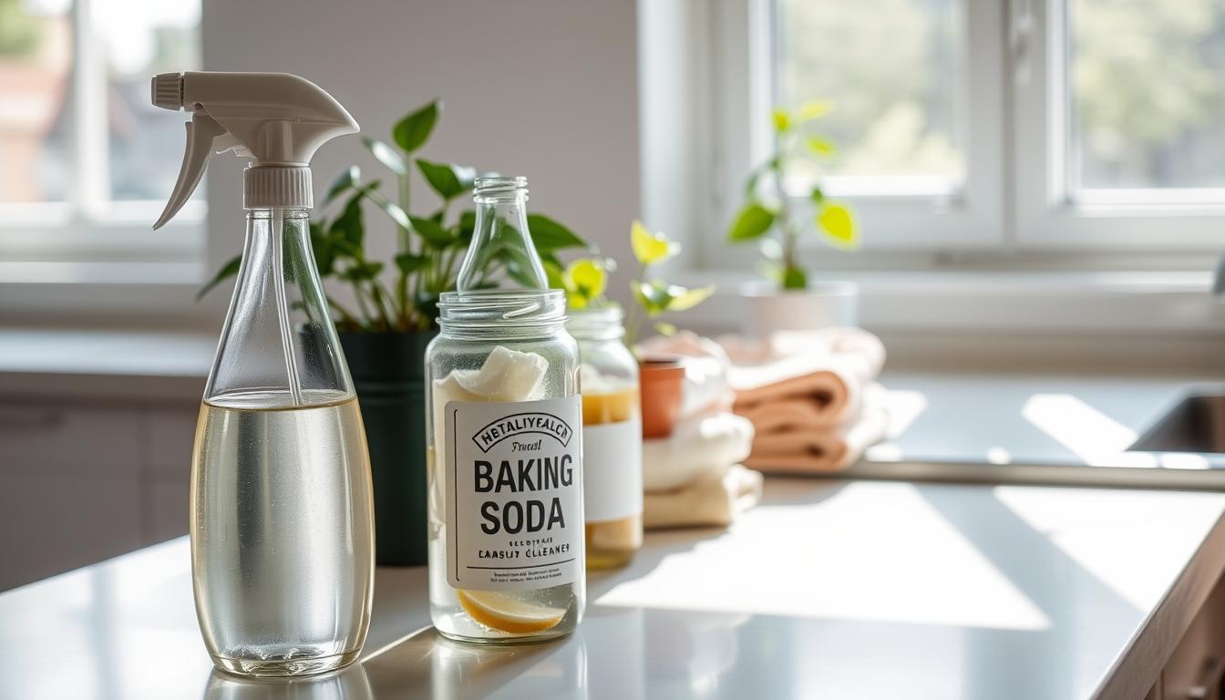 A well-lit kitchen counter, showcasing an assortment of natural, eco-friendly cleaning solutions. In the foreground, a glass spray bottle filled with a clear, lemon-scented solution, and a jar of baking soda. In the middle ground, a stack of reusable cloths and a small potted plant, adding a vibrant touch. The background features a window, allowing natural light to stream in, creating a warm, inviting atmosphere. The overall scene conveys a sense of simplicity, sustainability, and a clean, fresh aesthetic.