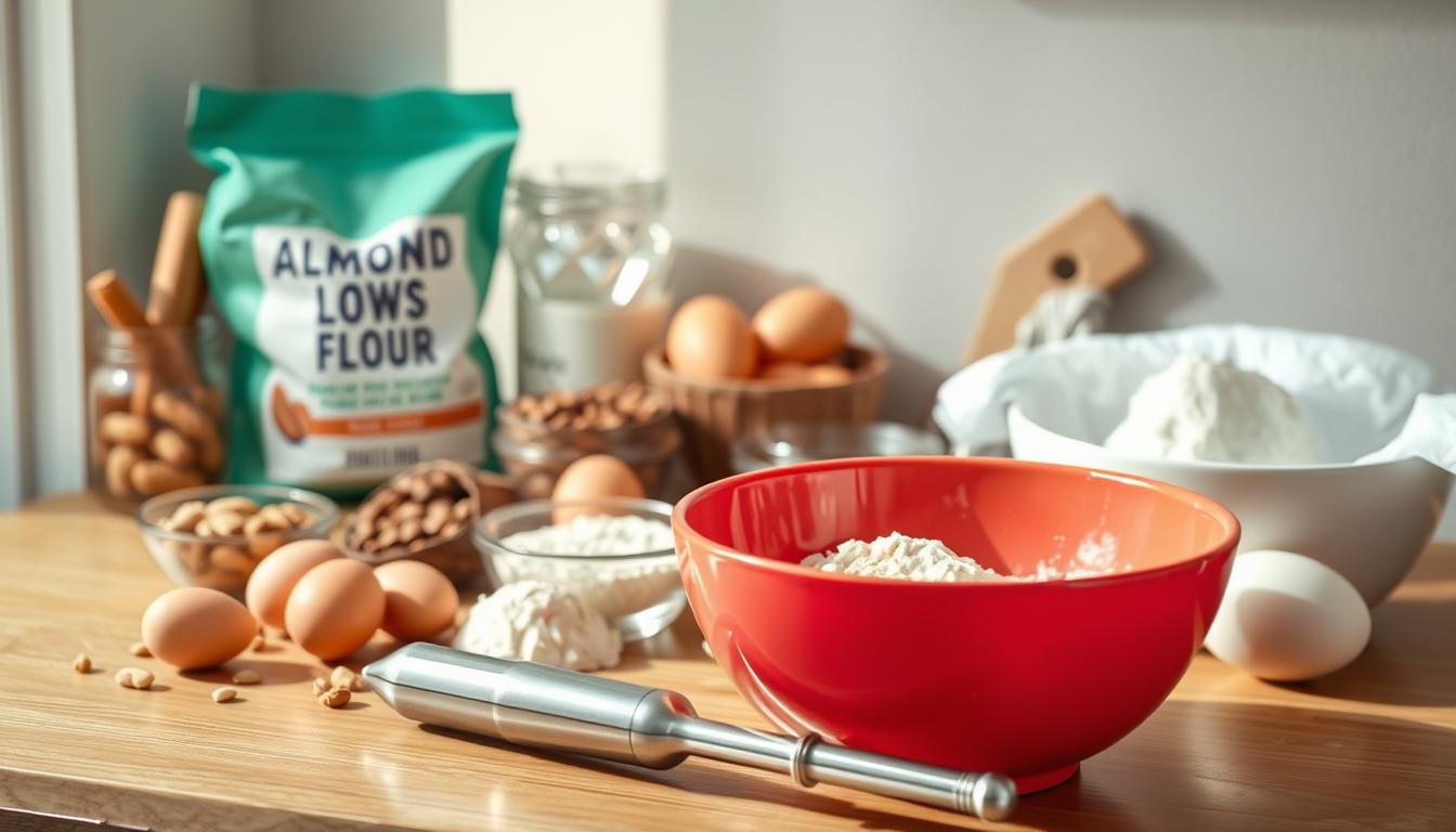 A well-lit kitchen counter, with a wooden surface and a subtly textured backdrop. On the counter, arrange a variety of low-carb baking ingredients, including almond flour, erythritol, eggs, and a selection of nuts and seeds. In the foreground, place a vibrant mixing bowl and a set of stainless steel baking utensils, conveying a sense of culinary preparation. The lighting is warm and natural, creating a cozy, inviting atmosphere. The overall scene should inspire the viewer to embark on a guilt-free baking journey, with a focus on the step-by-step instructions that will lead to delicious, low-carb desserts.