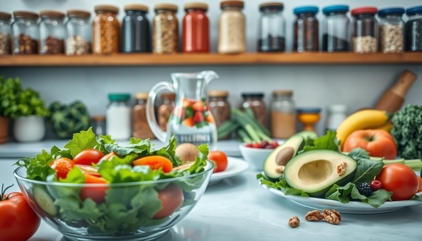 A well-lit kitchen counter with an array of fresh, colorful fruits and vegetables. In the foreground, a salad bowl overflows with leafy greens, tomatoes, and crisp cucumbers. Beside it, a plate holds sliced avocado, a handful of berries, and a few walnut halves. In the middle ground, a glass pitcher filled with infused water casts a soft, inviting glow. In the background, shelves display various jars of nuts, seeds, and spices, creating a vibrant, natural atmosphere. The scene exudes a sense of balance, health, and the joy of choosing the right foods for weight loss. A well-lit kitchen counter with an array of fresh, colorful fruits and vegetables. In the foreground, a salad bowl overflows with leafy greens, tomatoes, and crisp cucumbers. Beside it, a plate holds sliced avocado, a handful of berries, and a few walnut halves. In the middle ground, a glass pitcher filled with infused water casts a soft, inviting glow. In the background, shelves display various jars of nuts, seeds, and spices, creating a vibrant, natural atmosphere. The scene exudes a sense of balance, health, and the joy of choosing the right foods for weight loss.