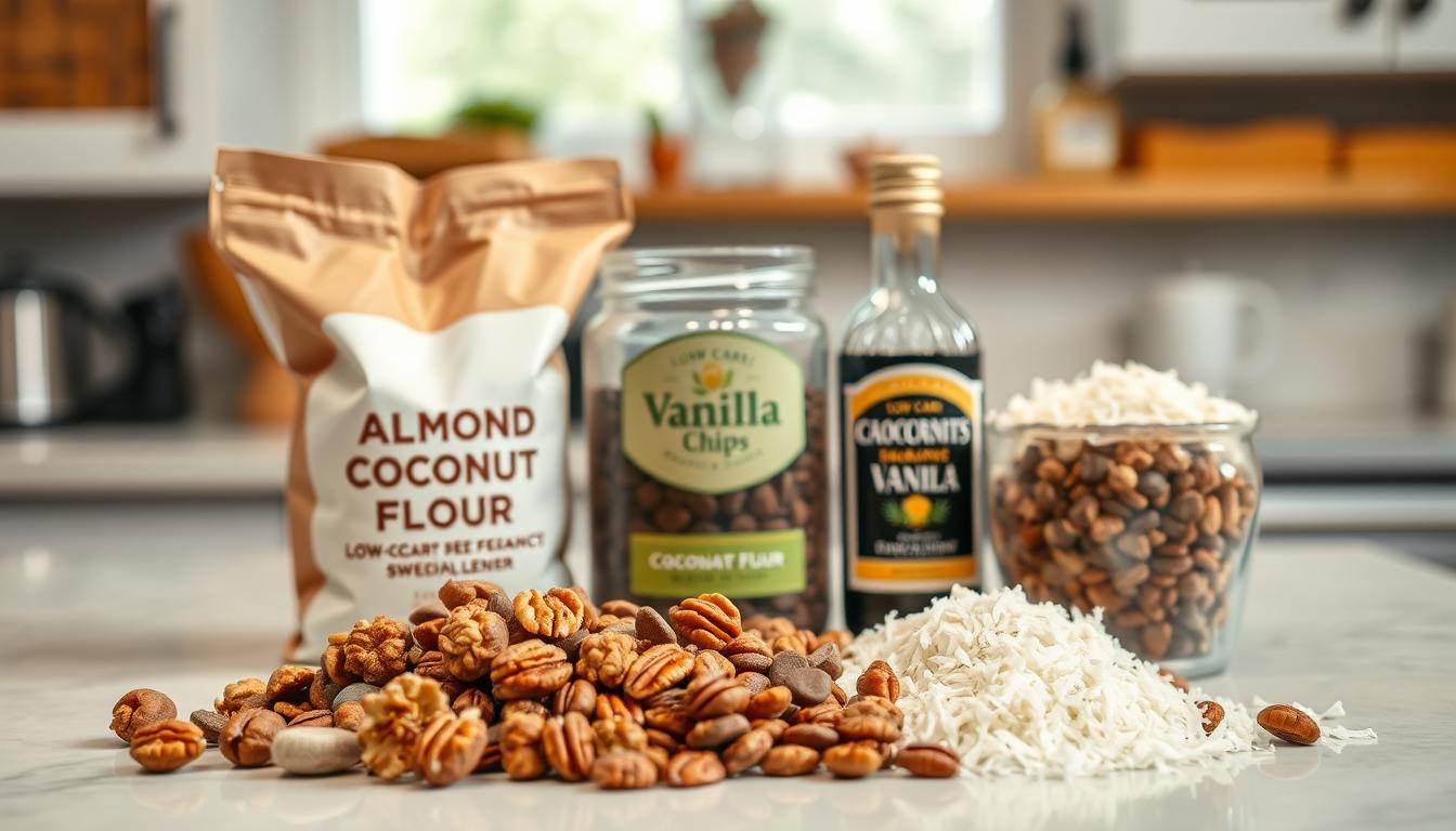 A well-lit kitchen countertop displays an assortment of low-carb baking ingredients. In the foreground, a mix of almond flour, coconut flour, and erythritol sweetener stand out against a backdrop of walnuts, pecans, and unsweetened shredded coconut. In the middle ground, a jar of low-carb chocolate chips and a bottle of vanilla extract add vibrant pops of color. The overall scene emanates a warm, inviting atmosphere, perfect for crafting guilt-free, delectable desserts.