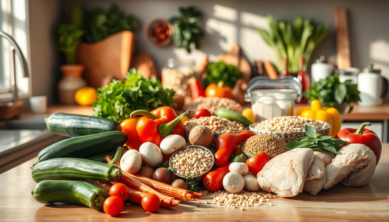 A well-lit kitchen countertop showcasing an assortment of fresh, low-calorie comfort food ingredients. In the foreground, an array of colorful vegetables including zucchini, bell peppers, and mushrooms, beautifully arranged. In the middle ground, a variety of whole grains like quinoa and brown rice, and lean protein sources such as chicken breasts and tofu. In the background, a vibrant selection of herbs and spices, casting warm, natural lighting across the scene. The overall atmosphere exudes a sense of healthfulness and culinary potential, inviting the viewer to imagine the delicious, guilt-free comfort foods that can be crafted from these nourishing ingredients.