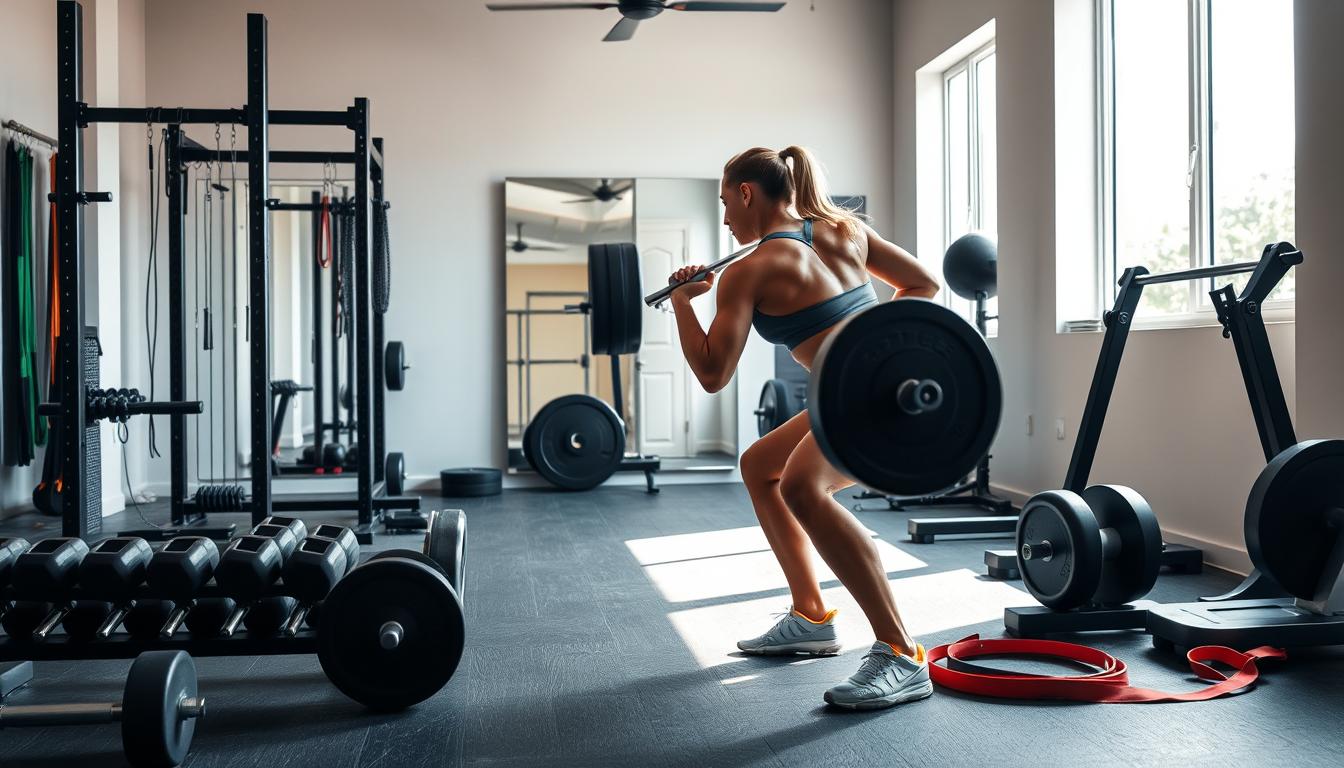 A well-lit, modern home gym setting. In the foreground, a person in athletic wear performs a barbell squat, their muscles straining with the effort. Surrounding them, a variety of strength training equipment, including dumbbells, resistance bands, and a sturdy weight rack. The middle ground features a large, vibrant wall mirror, reflecting the intensity of the workout. In the background, large windows let in natural light, creating a warm, energetic atmosphere. The overall scene exudes a sense of focus, determination, and a commitment to a healthy, active lifestyle.