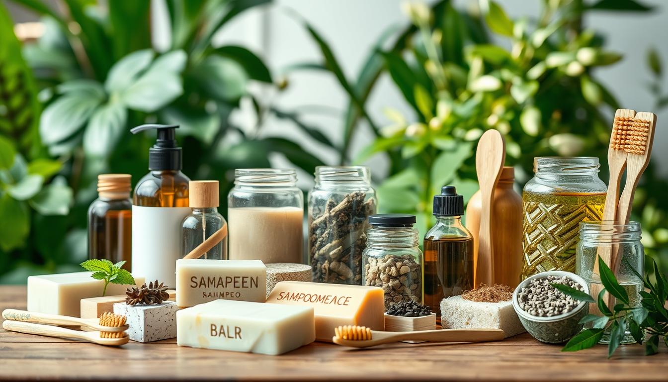 A well-lit still life showcasing an assortment of eco-friendly personal care products. In the foreground, a variety of natural soap bars, shampoo bottles, and bamboo toothbrushes are arranged artfully on a wooden surface. The middle ground features glass jars filled with essential oils, dried herbs, and other plant-based ingredients. In the background, lush greenery and a soft, natural light create a tranquil, inviting atmosphere. The overall scene conveys a vibrant, natural, and non-toxic aesthetic.