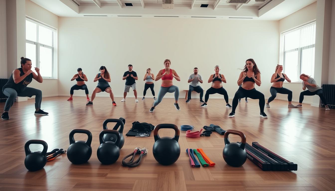 A well-lit studio setting with a hardwood floor and neutral-colored walls. In the foreground, a group of people performing various full-body exercises, such as squats, lunges, push-ups, and burpees, showcasing their coordinated movements and focused expressions. In the middle ground, a variety of kettlebells, resistance bands, and other minimal equipment are arranged neatly, hinting at the versatility of the workout. The lighting is vibrant, creating a sense of energy and vitality, capturing the dynamism of the full-body workout routine.