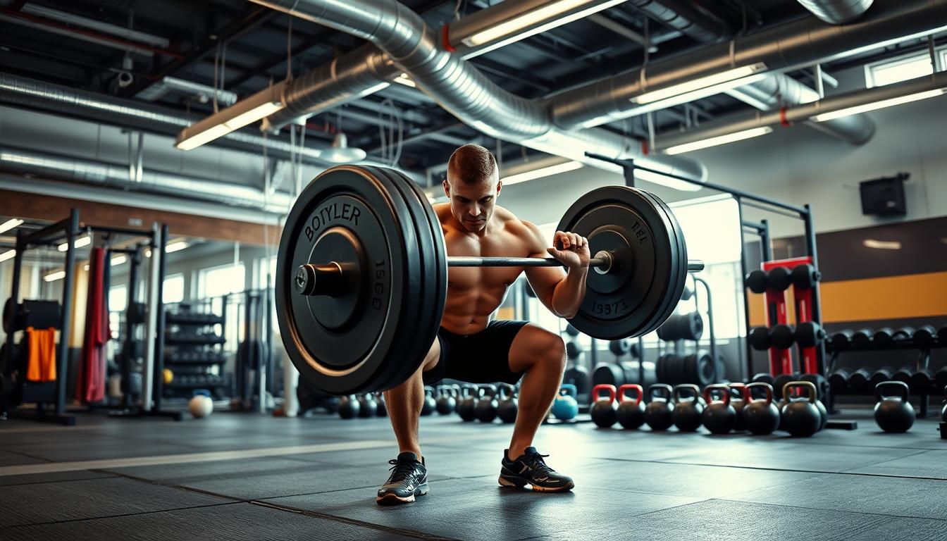 A well-lit weight room with a focus on a barbell loaded with large plates. The foreground shows a muscular person performing a compound lift like a squat or deadlift, their form perfect and intensity evident. The middle ground features various free weights, kettlebells, and resistance bands, hinting at a comprehensive strength training regimen. The background has a vibrant, motivating atmosphere with high ceilings, exposed ductwork, and a sense of industrial energy. Bright, full-spectrum lighting illuminates the scene, casting long shadows and highlighting the textures of the equipment. An overall mood of power, discipline, and metabolic activation.