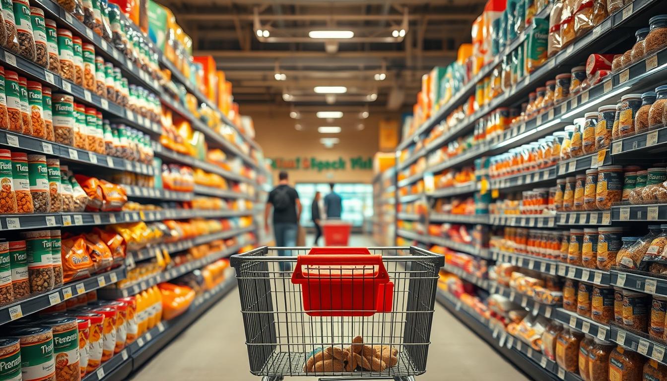 A well-organized grocery store aisle, illuminated by warm, natural lighting. Shelves brimming with a variety of bulk food containers, each with clear labeling and pricing information. Shoppers move purposefully, studying unit prices and comparing options. In the foreground, a large shopping cart stands ready to be filled with strategically selected items, reflecting a vibrant, efficient approach to grocery savings. The atmosphere conveys a sense of mindfulness and control, empowering the viewer to take charge of their purchasing decisions and optimize their household budgets. A well-organized grocery store aisle, illuminated by warm, natural lighting. Shelves brimming with a variety of bulk food containers, each with clear labeling and pricing information. Shoppers move purposefully, studying unit prices and comparing options. In the foreground, a large shopping cart stands ready to be filled with strategically selected items, reflecting a vibrant, efficient approach to grocery savings. The atmosphere conveys a sense of mindfulness and control, empowering the viewer to take charge of their purchasing decisions and optimize their household budgets.