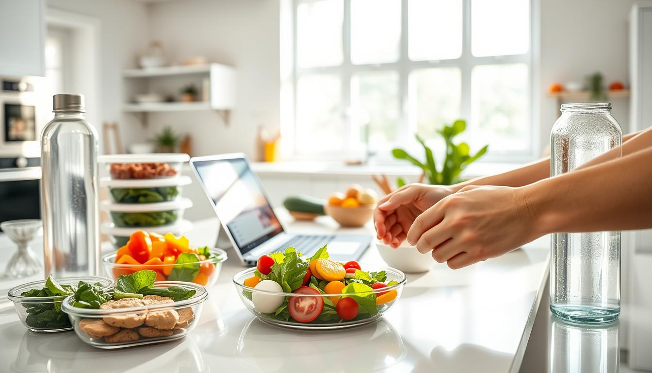 A well-organized kitchen counter, bright and airy, with a neatly arranged spread of healthy meal prep containers, fresh produce, and a sleek glass water bottle. In the foreground, a person's hands carefully arranging a salad with crisp greens, vibrant vegetables, and a light vinaigrette dressing. The middle ground features a laptop or tablet displaying a digital meal plan, while the background showcases a modern, minimalist kitchen with ample natural lighting cascading through large windows. The overall scene conveys a sense of organization, intention, and a vibrant, health-conscious lifestyle. A well-organized kitchen counter, bright and airy, with a neatly arranged spread of healthy meal prep containers, fresh produce, and a sleek glass water bottle. In the foreground, a person's hands carefully arranging a salad with crisp greens, vibrant vegetables, and a light vinaigrette dressing. The middle ground features a laptop or tablet displaying a digital meal plan, while the background showcases a modern, minimalist kitchen with ample natural lighting cascading through large windows. The overall scene conveys a sense of organization, intention, and a vibrant, health-conscious lifestyle.