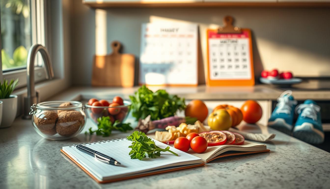 A well-organized kitchen counter with an open notebook, a pen, and various healthy meal ingredients laid out. Soft, natural lighting streams in from a nearby window, casting a warm glow over the scene. In the background, a calendar and a pair of running shoes suggest a holistic approach to weight management. The overall atmosphere conveys a sense of intentionality, planning, and a balanced, vibrant lifestyle.