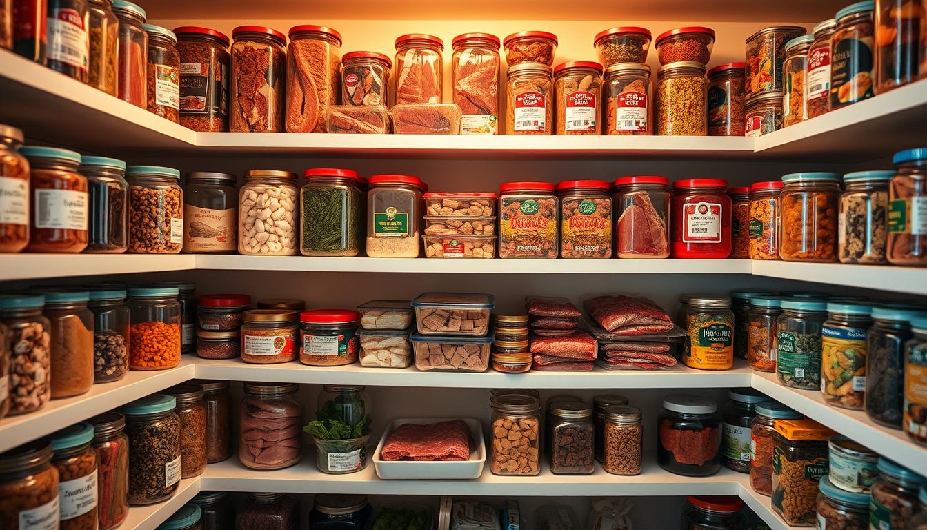 A well-organized pantry shelves filled with an array of fresh, high-quality carnivore-friendly meals. The shelves are illuminated by warm, natural lighting, casting a soft glow over the meticulously arranged containers. Glass jars and BPA-free plastic containers hold various cuts of meat, seafood, and animal-based staples. The arrangement is visually appealing, with the food items neatly labeled and organized for easy access. The overall atmosphere conveys a sense of efficiency, preparedness, and a vibrant commitment to the carnivore lifestyle.