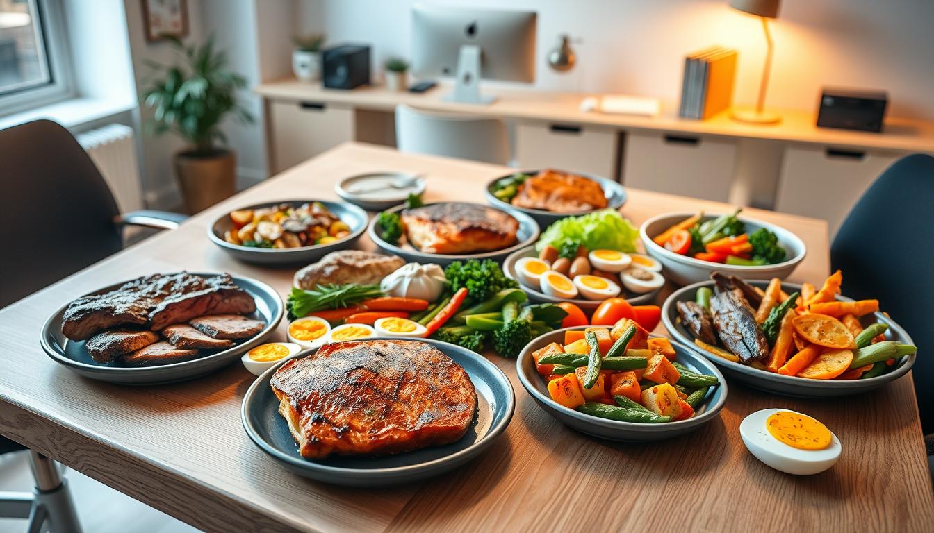 A well-organized, vibrant office lunch spread showcasing a carnivore meal plan. On a minimalistic wooden table, a variety of high-protein dishes are neatly arranged - juicy grilled steak, seared salmon fillets, hard-boiled eggs, and a colorful array of roasted vegetables. Warm lighting casts a natural glow, highlighting the textures and rich colors of the meal. In the background, a clean, airy workspace with modern decor sets the scene for a productive, health-conscious workday. The overall composition exudes a sense of balance, simplicity, and mindful nutrition to fuel an active lifestyle.