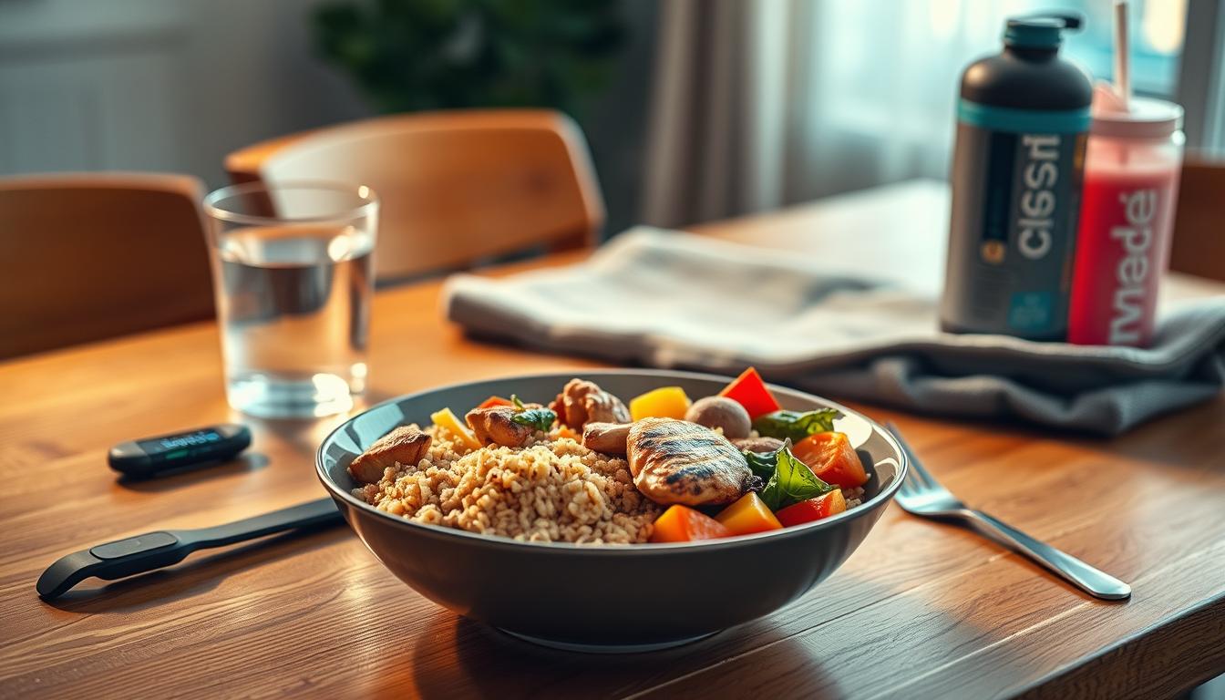 A wholesome, post-workout meal laid out on a wooden table, bathed in warm, vibrant lighting. In the foreground, a healthy bowl of steaming quinoa, grilled chicken, and colorful roasted vegetables. Alongside, a glass of water and a protein shake. In the middle ground, a fitness tracker and a neatly folded workout towel. The background is softly blurred, emphasizing the central focus on the nourishing meal. The overall mood is one of balance, satisfaction, and a sense of accomplishment after a productive workout session. A wholesome, post-workout meal laid out on a wooden table, bathed in warm, vibrant lighting. In the foreground, a healthy bowl of steaming quinoa, grilled chicken, and colorful roasted vegetables. Alongside, a glass of water and a protein shake. In the middle ground, a fitness tracker and a neatly folded workout towel. The background is softly blurred, emphasizing the central focus on the nourishing meal. The overall mood is one of balance, satisfaction, and a sense of accomplishment after a productive workout session.
