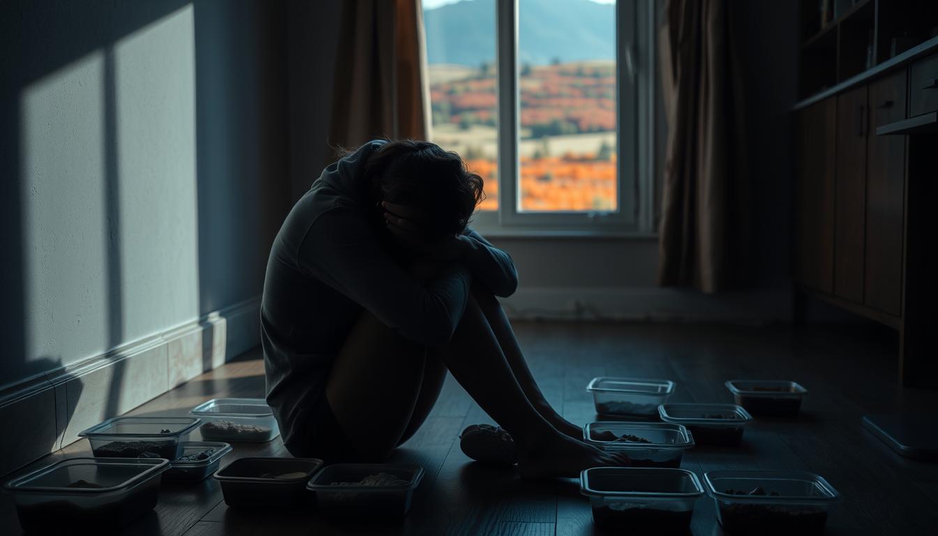 A woman sits on the floor, her head buried in her hands, surrounded by empty food containers. Dim lighting casts shadows, creating a somber, introspective atmosphere. The woman's posture conveys a sense of emotional turmoil and struggle with her relationship with food. In the background, a vibrant, colorful landscape is visible through a window, suggesting the potential for change and healing. The scene is captured with a soft, diffused lens, emphasizing the intimate, personal nature of the moment.
