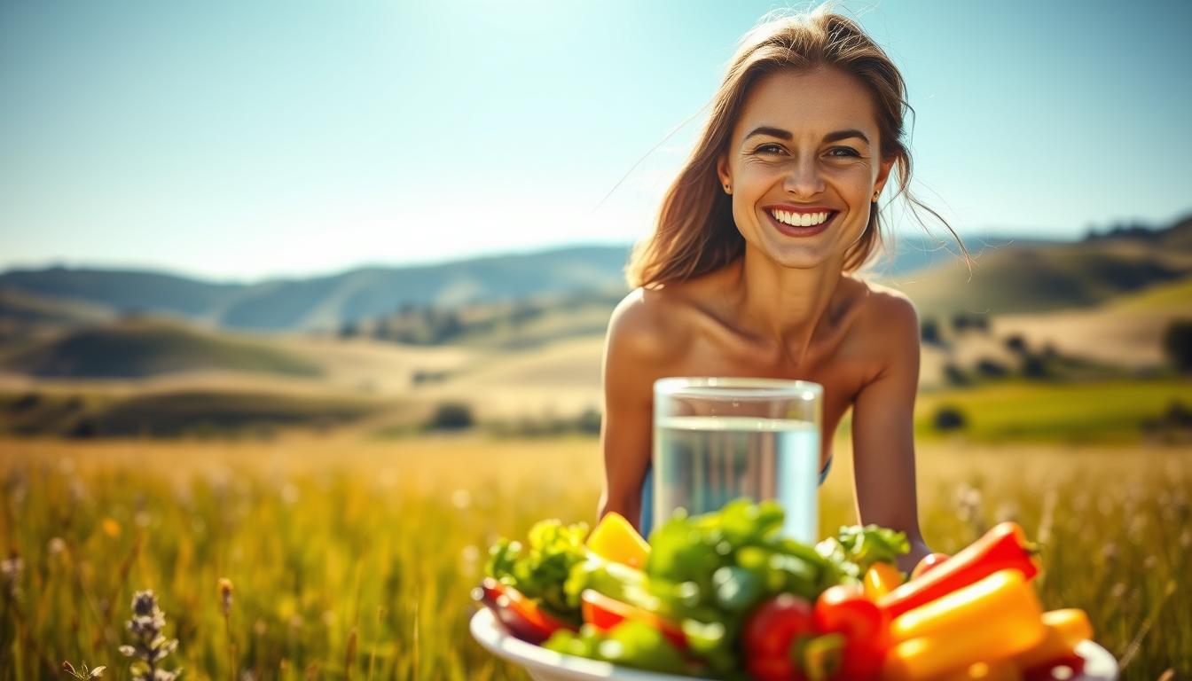 A woman standing in a sunlit meadow, her face radiant with a vibrant, healthy glow. In the foreground, a plate of fresh, colorful vegetables and a glass of water, symbolizing her commitment to natural, sustainable weight loss. In the middle ground, the woman's figure is lean and toned, her posture confident. The background features rolling hills and a clear blue sky, conveying a sense of tranquility and inner peace. The lighting is soft and natural, casting a warm, inviting atmosphere. The overall scene evokes a sense of balance, harmony, and the joy of embracing a healthy lifestyle. A woman standing in a sunlit meadow, her face radiant with a vibrant, healthy glow. In the foreground, a plate of fresh, colorful vegetables and a glass of water, symbolizing her commitment to natural, sustainable weight loss. In the middle ground, the woman's figure is lean and toned, her posture confident. The background features rolling hills and a clear blue sky, conveying a sense of tranquility and inner peace. The lighting is soft and natural, casting a warm, inviting atmosphere. The overall scene evokes a sense of balance, harmony, and the joy of embracing a healthy lifestyle.