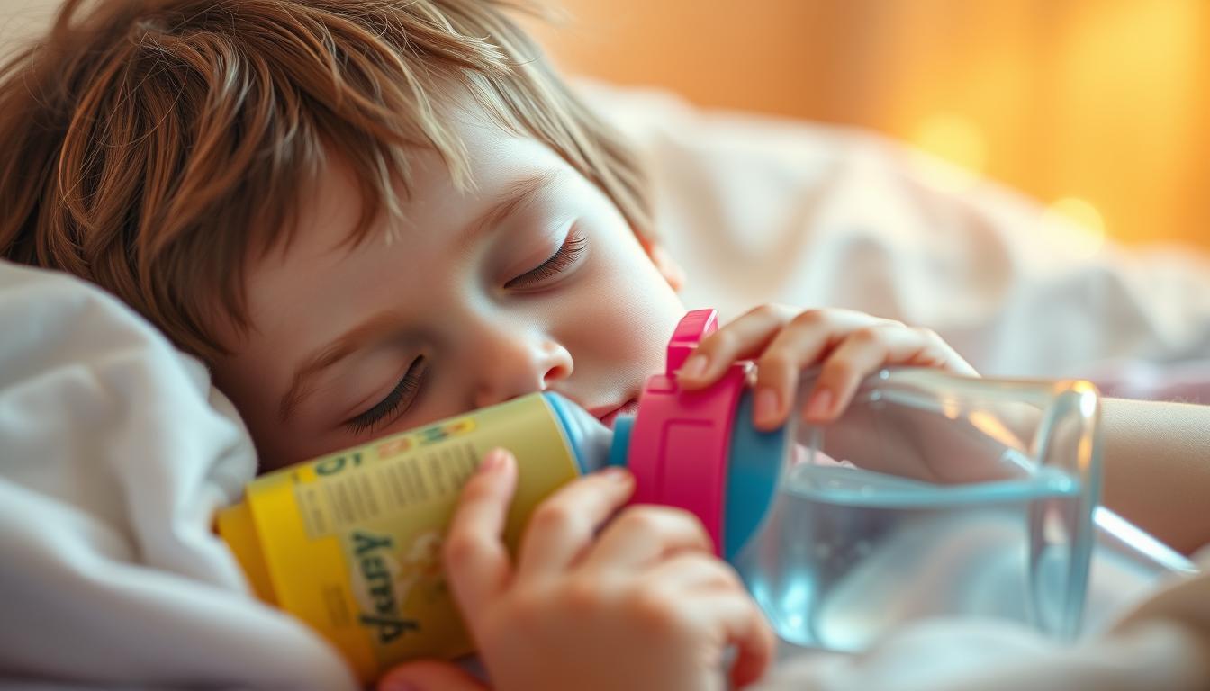 A young child lying down, sipping from a brightly colored, child-friendly water bottle. The scene is bathed in soft, warm lighting, creating a comforting and soothing atmosphere. The child's expression is peaceful, conveying a sense of calm and rest. The background is blurred, with subtle hints of pastel colors, evoking a serene and tranquil setting. The image captures the essence of hydration during illness, emphasizing the importance of maintaining proper fluid intake for a child's recovery.