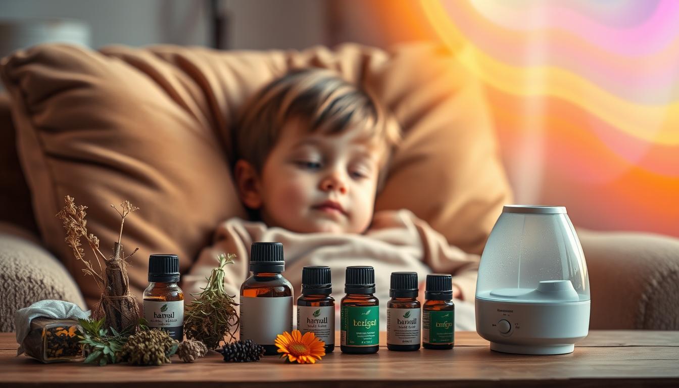 A young child rests comfortably on a plush, cushioned chair, their face illuminated by warm, diffused lighting that creates a soothing atmosphere. In the foreground, a collection of natural remedies, such as herbs, essential oils, and a humidifier, are neatly arranged, suggesting a holistic approach to easing the child's congestion and runny nose. The middle ground features a cozy, inviting home environment, with soft textures and calming colors that contribute to the overall sense of comfort and well-being. The background subtly transitions into a vibrant, moving tapestry of colors, creating a dreamlike, whimsical quality that captures the restorative power of nature.