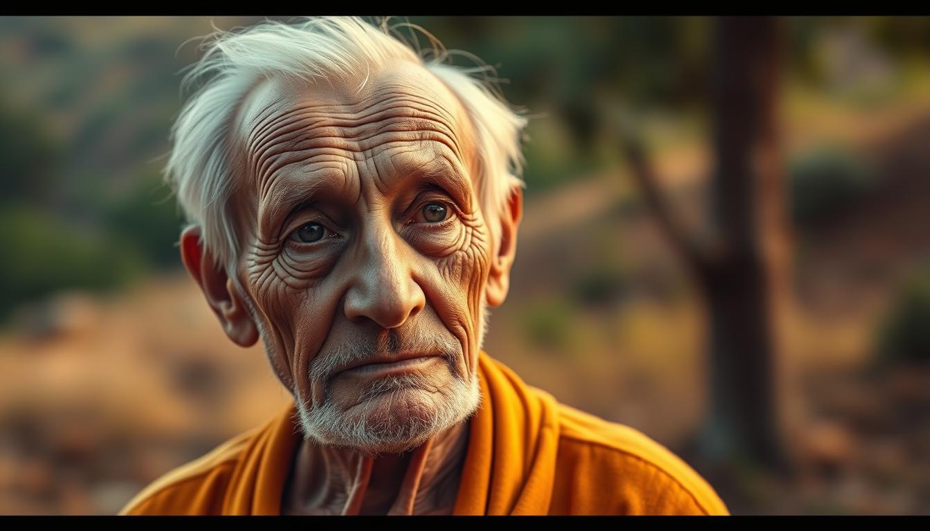 Aging and Fasting: A portrait of an elderly individual, their face etched with the lines of time, standing in a warm, vibrant setting. Soft, diffused lighting illuminates their features, highlighting the wisdom and experience reflected in their eyes. The background is a serene, natural landscape, with hints of greenery and a sense of tranquility. The subject's posture conveys a sense of contemplation, their gaze suggesting a deeper understanding of the relationship between fasting and the aging process. The overall mood is one of introspection and the celebration of the beauty that comes with the passage of years.