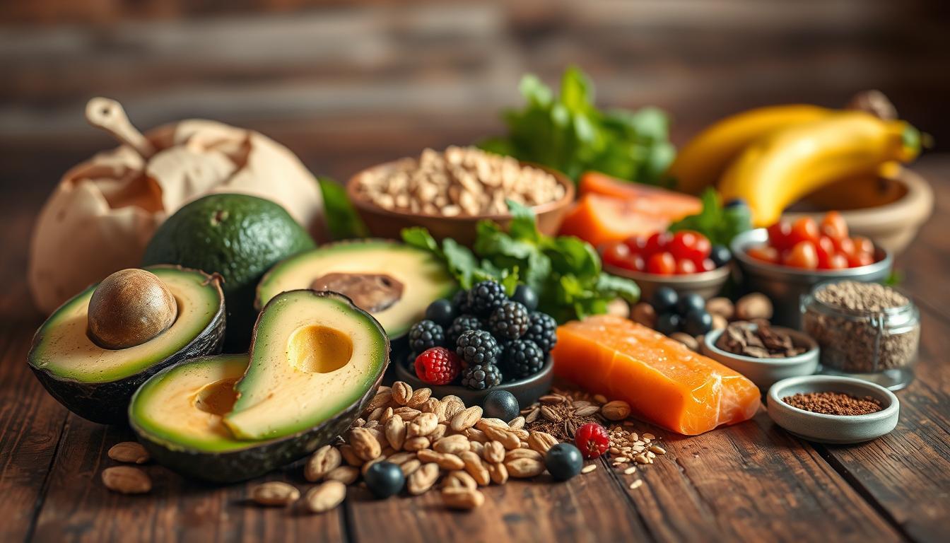 An appetizing arrangement of natural, nutrient-dense fat-burning foods on a rustic wooden table, bathed in warm, vibrant lighting. In the foreground, a selection of fresh produce including avocados, salmon, nuts, and berries. In the middle ground, complementary whole grains and spices, all captured from a slightly elevated angle to showcase the inviting composition. The background gently blurred, creating a sense of focus and emphasis on the key fat-burning ingredients. The overall mood is one of health, vitality, and a celebration of nature's bounty.
