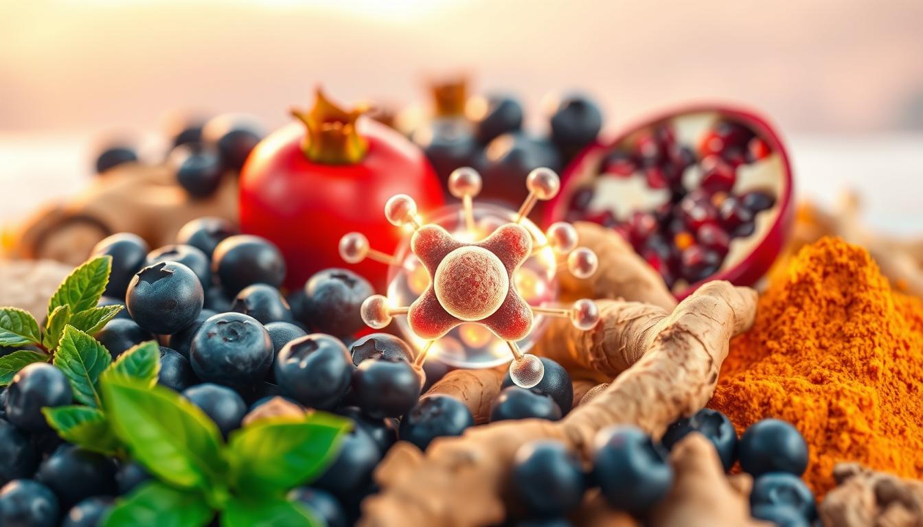 An array of colorful, vibrant antioxidants in a visually striking composition, illuminated by warm, natural lighting. In the foreground, various superfoods and plant-based ingredients like blueberries, pomegranate, ginger, and turmeric are carefully arranged, highlighting their rich colors and textures. The middle ground features a glowing, translucent mitochondrial structure, symbolizing the protective role of antioxidants in cellular health. The background is a soft, ethereal landscape, suggesting the holistic benefits of these nutrients for overall wellbeing. The image conveys a sense of balance, vitality, and the synergistic power of antioxidants to support mitochondrial function.