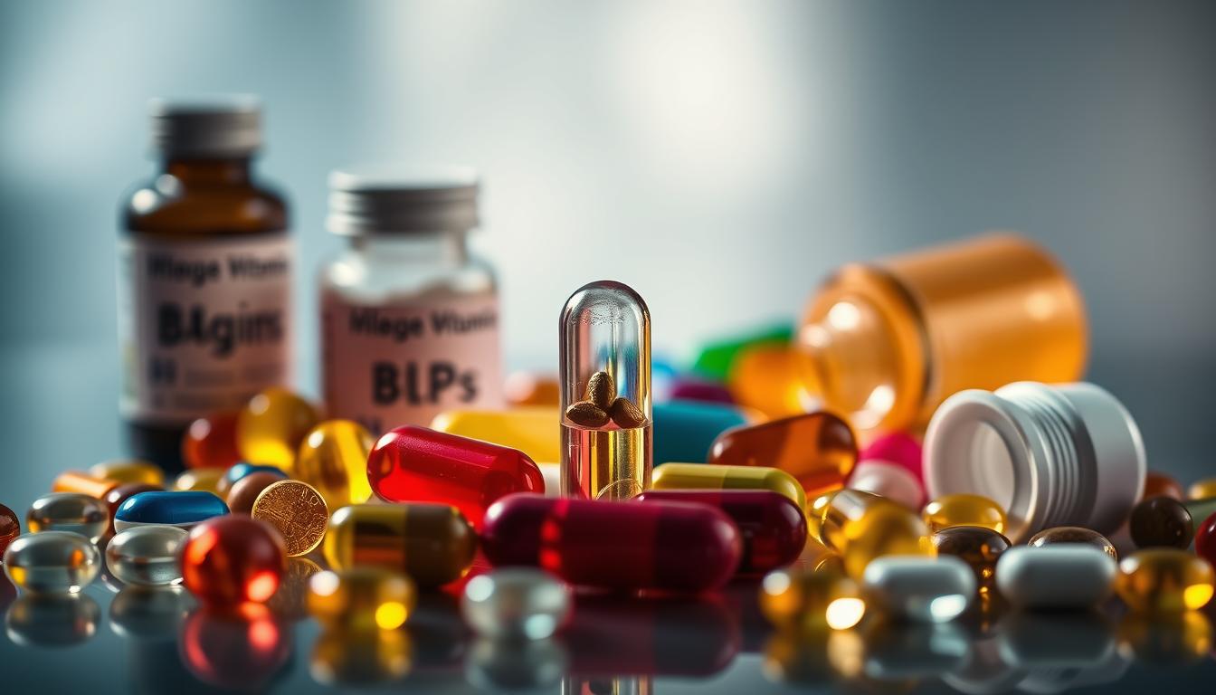 An elegantly lit still life of vibrant methylated vitamin capsules and tablets, arranged in a dynamic, visually appealing composition. The foreground features a selection of various B-complex vitamins, with their distinct colors and shapes, positioned to showcase their benefits for energy and brain function. The middle ground includes a single capsule of nicotinamide riboside, a potent form of vitamin B3, reflecting its role as a cognitive enhancer. The background is softly blurred, creating a sense of depth and focus on the key supplements. The overall mood is one of scientific precision and health-conscious vitality, capturing the essence of the "Methylated B Vitamins and Nicotinamide Riboside: Energy and Brain Boosters" section.