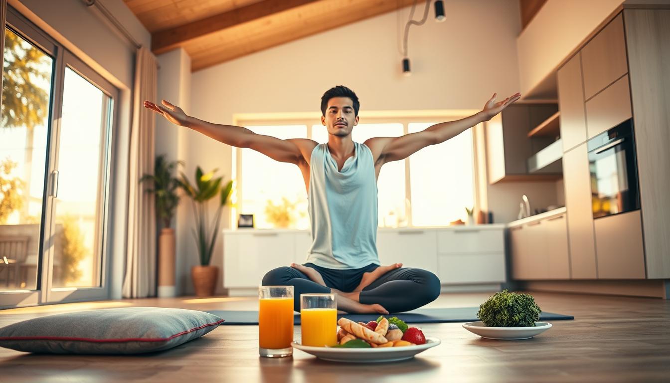 An energetic morning routine unfolds in this vibrant scene. In the foreground, a focused young man performs a dynamic yoga pose, his limbs gracefully extended as warm sunlight streams through large windows. The middle ground showcases a neatly arranged meditation cushion, a glass of freshly squeezed juice, and a plate of healthy breakfast options. In the background, a sleek, modern kitchen provides the backdrop, its clean lines and minimalist decor exuding a sense of efficiency and calm. The overall atmosphere is one of balance, vitality, and a dedication to self-care, capturing the essence of an optimized morning routine for sustained energy. An energetic morning routine unfolds in this vibrant scene. In the foreground, a focused young man performs a dynamic yoga pose, his limbs gracefully extended as warm sunlight streams through large windows. The middle ground showcases a neatly arranged meditation cushion, a glass of freshly squeezed juice, and a plate of healthy breakfast options. In the background, a sleek, modern kitchen provides the backdrop, its clean lines and minimalist decor exuding a sense of efficiency and calm. The overall atmosphere is one of balance, vitality, and a dedication to self-care, capturing the essence of an optimized morning routine for sustained energy.