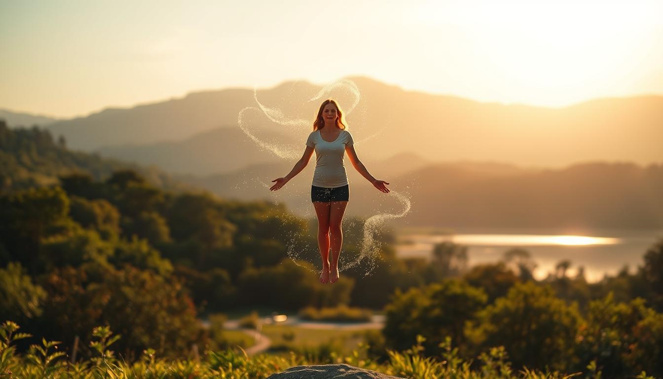 An ethereal, effortless weight loss scene. In the foreground, a serene figure levitates, surrounded by a halo of glowing particles. Wispy tendrils of energy radiate outward, suggesting the gentle, weightless nature of the process. The middle ground features a lush, verdant landscape, with vibrant foliage and a tranquil lake reflecting the scene. In the background, a mountainous horizon is bathed in a warm, golden glow, evoking a sense of inner peace and contentment. The lighting is soft and diffused, creating a dreamlike atmosphere. Captured with a wide-angle lens, the composition emphasizes the expansive, limitless nature of effortless weight loss.