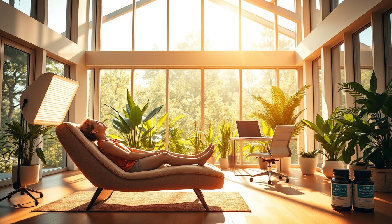 An expansive, sun-soaked room with floor-to-ceiling windows, bathed in warm, vibrant rays. In the foreground, a person sits comfortably on a plush chaise lounge, eyes closed, basking in the therapeutic glow of a state-of-the-art light therapy device. The middle ground features a minimalist, ergonomic desk with a laptop and a stack of nootropic supplements, hinting at the synergistic effects of light and cognitive enhancement. The background showcases a lush, verdant indoor garden, creating a soothing, natural ambiance. The overall scene conveys a sense of rejuvenation, focus, and holistic well-being.