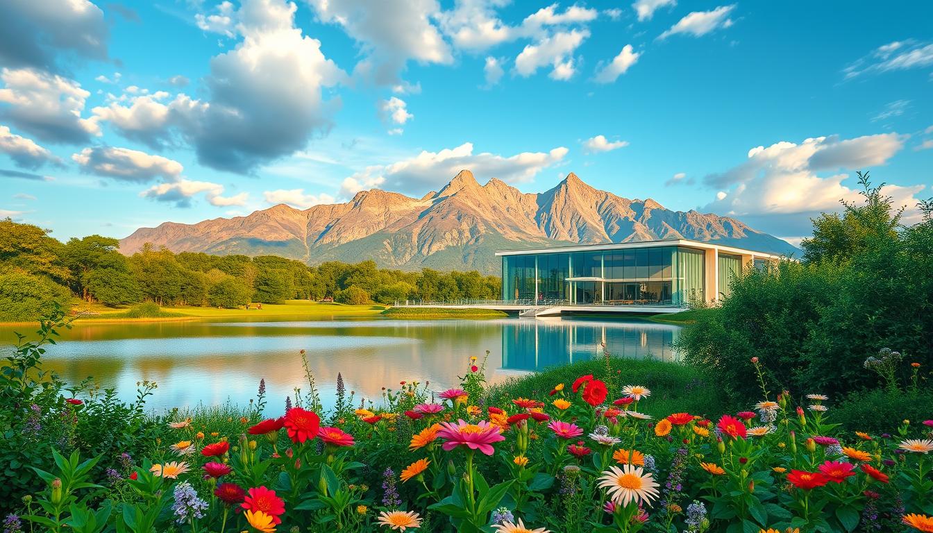 An idyllic landscape depicting a serene post-vaccine recovery plan. In the foreground, a lush garden bursting with verdant foliage and vibrant blooms, symbolizing the rejuvenation of the body. A pristine lake reflects the tranquil sky, its calm waters mirroring the restorative process. In the middle ground, a modern, airy wellness center stands, its glass walls allowing natural light to flood the interior, promoting healing and nourishment. Towering mountains rise in the background, their majestic peaks bathed in warm, golden hues, conveying a sense of strength, resilience, and the boundless potential for recovery. The entire scene is infused with a vibrant, epic color palette, radiating an atmosphere of hope, balance, and the body's innate ability to heal and thrive post-vaccine exposure.