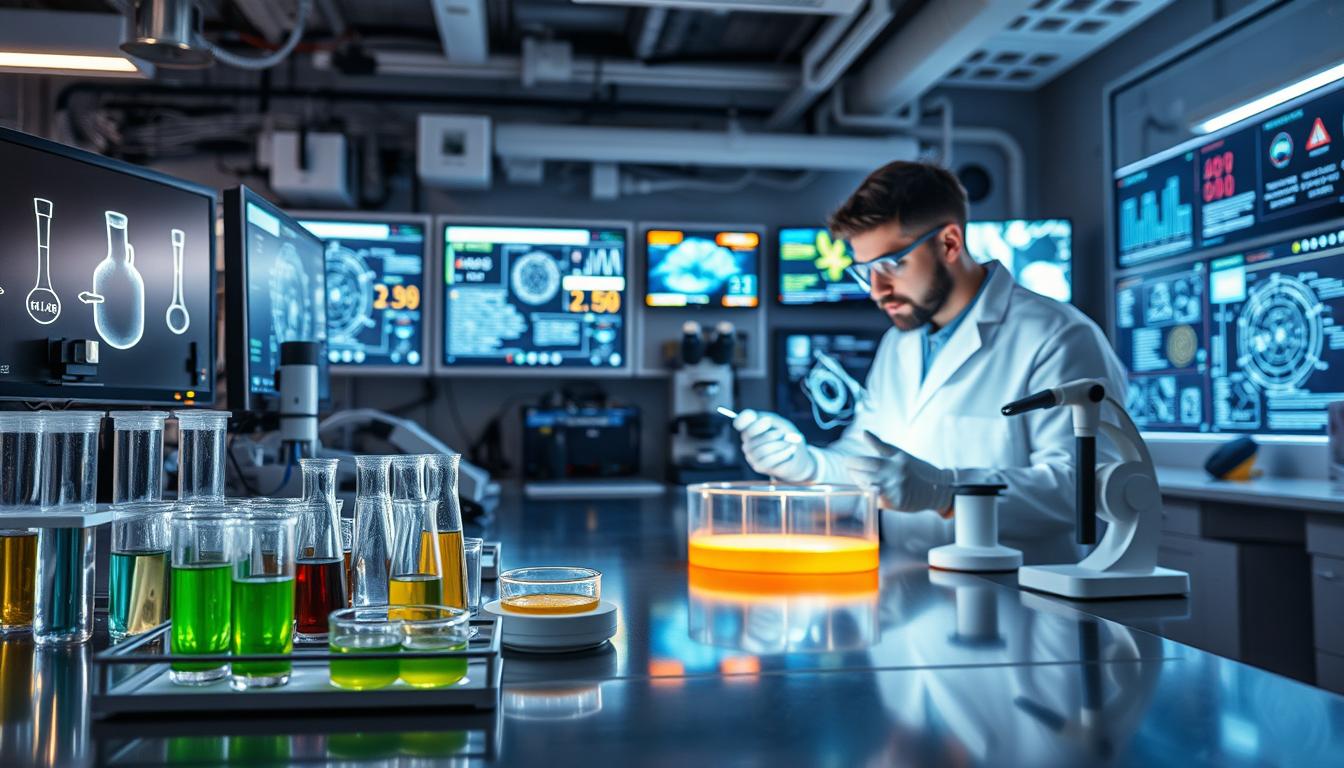 An immersive laboratory scene showcasing the scientific exploration of dietary biohacking. In the foreground, an array of test tubes, Petri dishes, and microscopes arranged neatly on a metal countertop, reflecting the vibrant glow of adjacent computer monitors. In the middle ground, a researcher in a white lab coat examines a holographic display, their face illuminated by the futuristic interface. The background depicts a wall of cutting-edge diagnostic equipment, sensors, and data visualization screens, creating a sense of a well-equipped, technologically advanced space dedicated to unraveling the mysteries of personal health optimization through scientific inquiry.