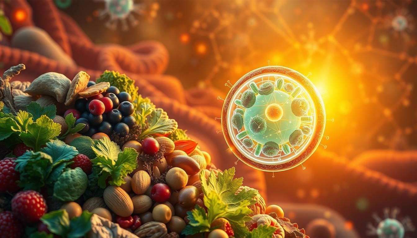 An intricate illustration depicting the interplay between diet and mitochondrial biogenesis. In the vibrant foreground, a series of nutrient-rich whole foods - leafy greens, berries, nuts, and legumes - emanate an ethereal glow, representing the essential building blocks for robust mitochondrial function. In the middle ground, a cross-section of a human cell showcases the mitochondria, the powerhouses of the cell, undergoing dynamic expansion and division, fueled by the dietary inputs. The background depicts a captivating landscape of interconnected cellular networks, bathed in a warm, golden light, symbolizing the cascading effects of optimized mitochondrial biogenesis on overall cellular energetics and metabolic health.