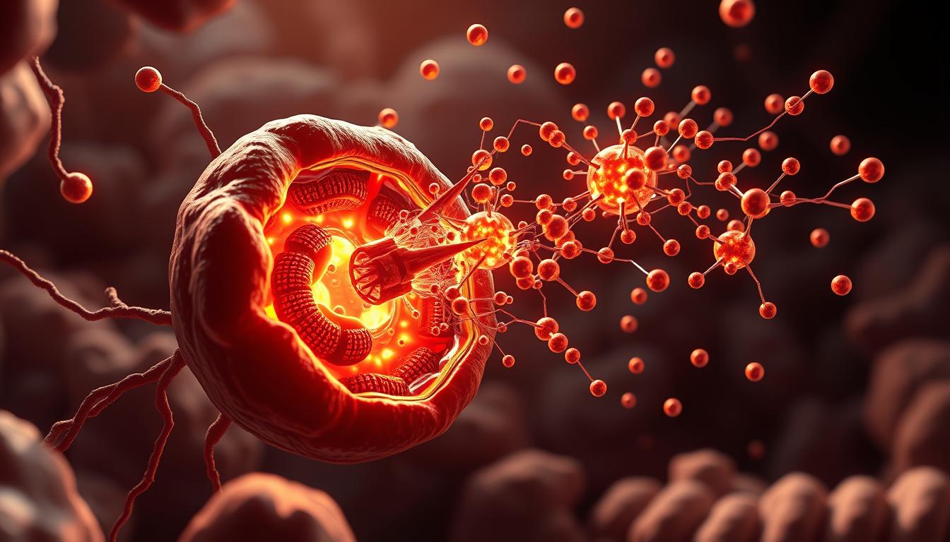 An intricate interplay of mitochondria and fat metabolism, captured in a vivid, scientifically accurate illustration. In the foreground, a detailed cutaway view of a mitochondrion, its inner workings ablaze with vibrant, pulsing energy. Surrounding it, a swirling, dynamic network of fat molecules, their molecular structures clearly visible, engaged in a complex dance of oxidation and conversion. The middle ground features a subtly shaded backdrop of cellular structures, reinforcing the biological context. Lighting is warm and directional, casting dramatic shadows that enhance the sense of depth and three-dimensionality. The overall mood is one of scientific fascination and visual elegance, inviting the viewer to explore the vital role of mitochondria in the fat-burning process.