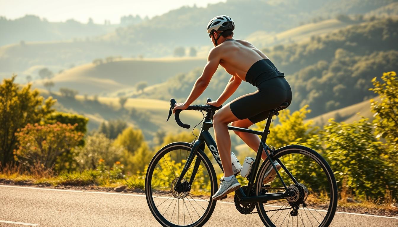 Cycling for Fitness and Weight Loss: A vibrant scene of a person riding a modern road bicycle against a backdrop of lush, verdant landscapes. The cyclist, dressed in athletic gear, is in a dynamic pose, pedaling with focused determination. Soft, diffused natural lighting casts a warm glow, highlighting the cyclist's toned physique and the bicycle's sleek, aerodynamic design. In the middle ground, rolling hills and flourishing trees create a serene, countryside atmosphere, emphasizing the low-impact, high-reward nature of this exercise. The overall mood is one of health, vitality, and the pursuit of personal fitness goals.