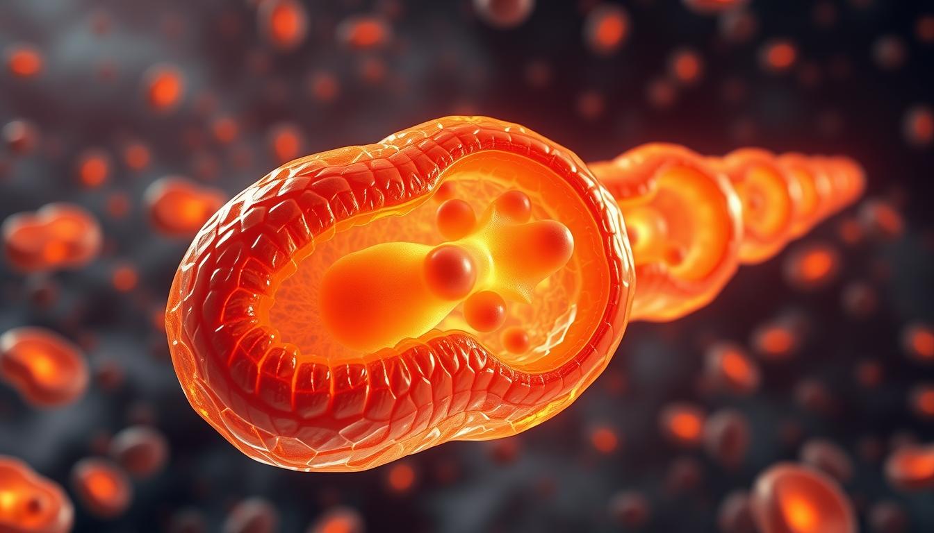 Detailed 3D rendering of an active mitochondrion, the powerhouse of a human cell. In the vibrant foreground, intricate cristae and folded inner membrane structures are visible, pulsing with energy production. The middle ground showcases the smooth outer membrane, translucent and glowing softly. In the background, a hazy field of other mitochondria, each one a tiny factory generating ATP to fuel the cell. Dramatic lighting casts dynamic shadows, emphasizing the organelle's complex architecture and its vital role in cellular metabolism. Rendered in lifelike detail with a cinematic wide-angle perspective.