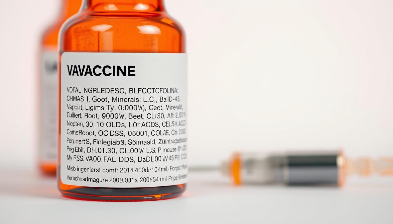 Detailed and informative image of a vaccine ingredients list, presented on a clean, white background with a soft, diffused lighting. The list is meticulously rendered, showcasing the various chemical compounds, minerals, and biological components that make up the vaccine formula. The foreground is crisp and in focus, while the background fades into a subtle, ethereal haze, emphasizing the technical and scientific nature of the subject matter. The overall mood is one of clinical precision and informative clarity, allowing the viewer to examine the ingredients with a sense of vibrant, epic colors that convey the importance and complexity of this vital medical technology. Detailed and informative image of a vaccine ingredients list, presented on a clean, white background with a soft, diffused lighting. The list is meticulously rendered, showcasing the various chemical compounds, minerals, and biological components that make up the vaccine formula. The foreground is crisp and in focus, while the background fades into a subtle, ethereal haze, emphasizing the technical and scientific nature of the subject matter. The overall mood is one of clinical precision and informative clarity, allowing the viewer to examine the ingredients with a sense of vibrant, epic colors that convey the importance and complexity of this vital medical technology.