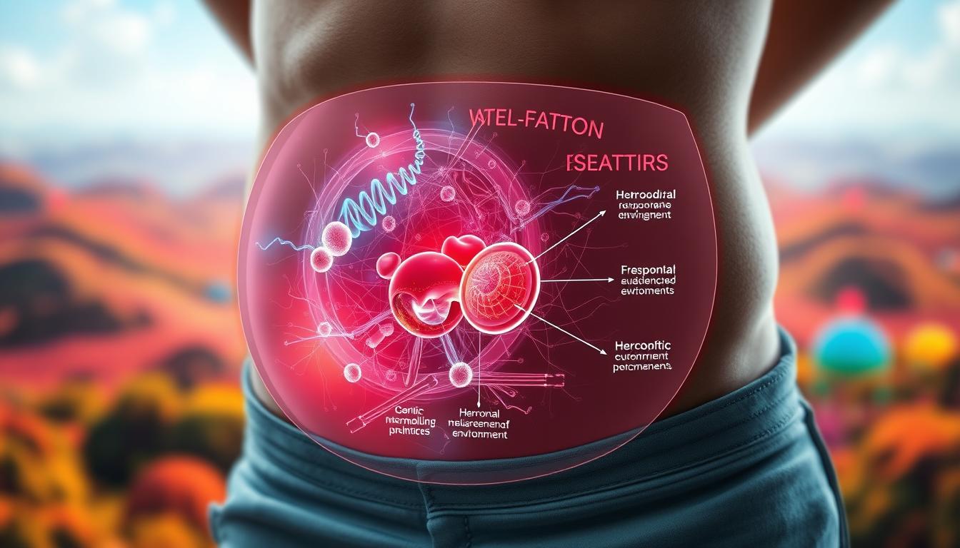 Detailed close-up of a person's midsection, with a translucent overlay revealing the internal workings of the body. The foreground features a magnified view of the abdomen, exposing intricate networks of mitochondria, fat cells, and metabolic processes. The middle ground showcases a schematic diagram highlighting the key factors contributing to weight gain, such as hormonal imbalances, genetic predispositions, and environmental influences. The background depicts a vibrant, abstract landscape of vibrant colors and dynamic patterns, symbolizing the complexity of the human body and the interplay of various systems. Crisp, high-resolution imagery with a focus on scientific accuracy and visual storytelling.