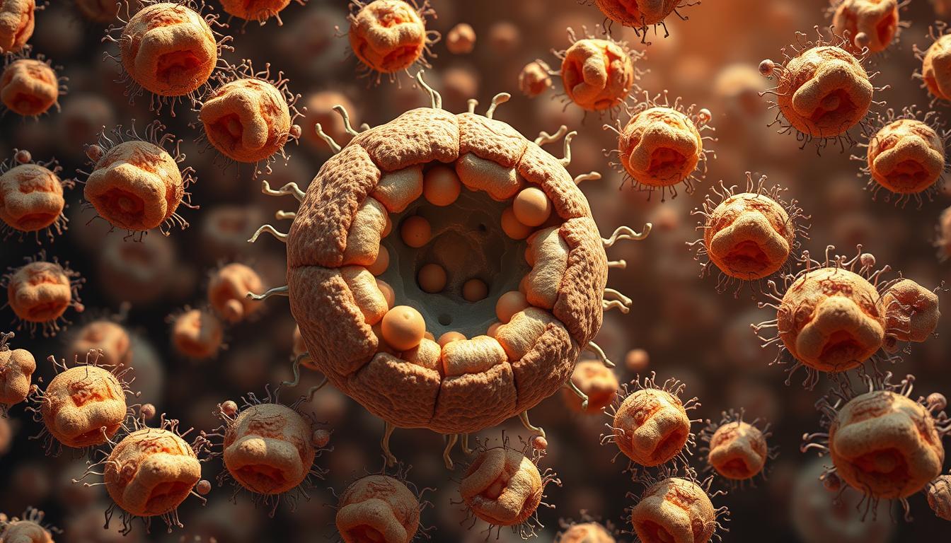 Detailed medical illustration of mitochondrial dysfunction, featuring a central, enlarged mitochondrion with disrupted internal structure and degraded cristae. Surrounding it, a vibrant array of smaller, dysfunctional mitochondria in various stages of deterioration, with reduced membrane potential and impaired energy production. The scene is rendered in a clean, scientific style with muted, earthy tones, highlighting the technical nature of the subject. Bright highlights and shadows create depth and emphasize the textural details. The composition emphasizes the central mitochondrion, drawing the viewer's attention to the core issue of mitochondrial dysfunction.