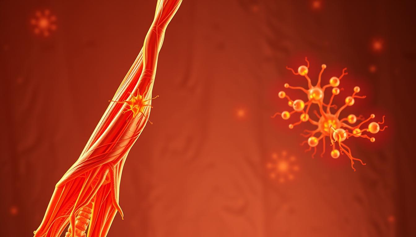 Detailed skeletal muscle structure in the foreground, featuring intricate myofibrils, sarcomeres, and mitochondria-rich regions. Middle ground showcases the dynamic interplay of mitochondrial networks, their cristae, and energy production processes. Soft, warm lighting illuminates the scene, casting a vibrant glow and emphasizing the vibrant, vital nature of the muscle tissue. The background fades into a subtly textured, minimalist environment, allowing the focus to remain on the complex, yet captivating, cellular machinery powering muscular function.