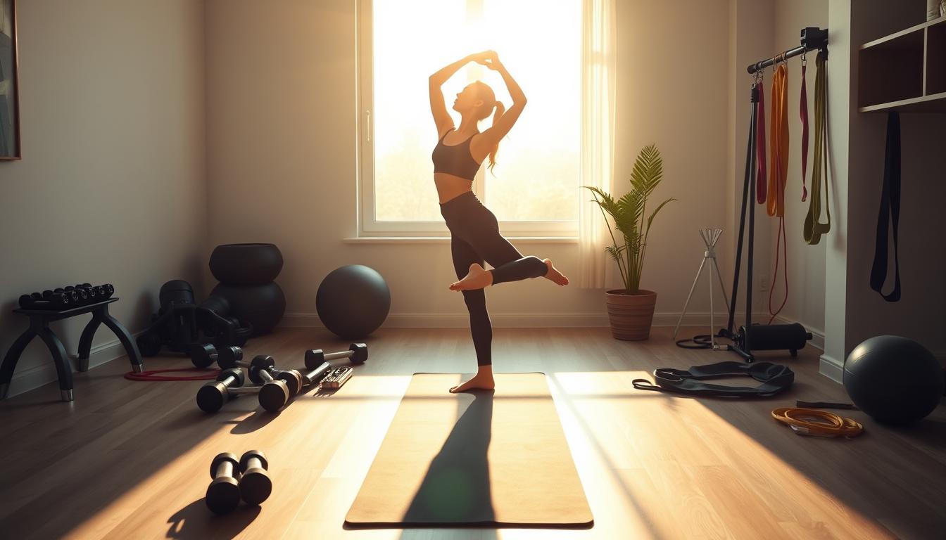 Early morning light filters through a window, illuminating a serene home gym. In the center, a person stands in a dynamic yoga pose, their body gracefully silhouetted against the warm glow. Surrounding them, an array of free weights, resistance bands, and a yoga mat are neatly arranged, conveying a sense of intention and focus. The overall atmosphere is one of calm, vibrant energy, perfectly suited for an invigorating morning workout aimed at weight loss.