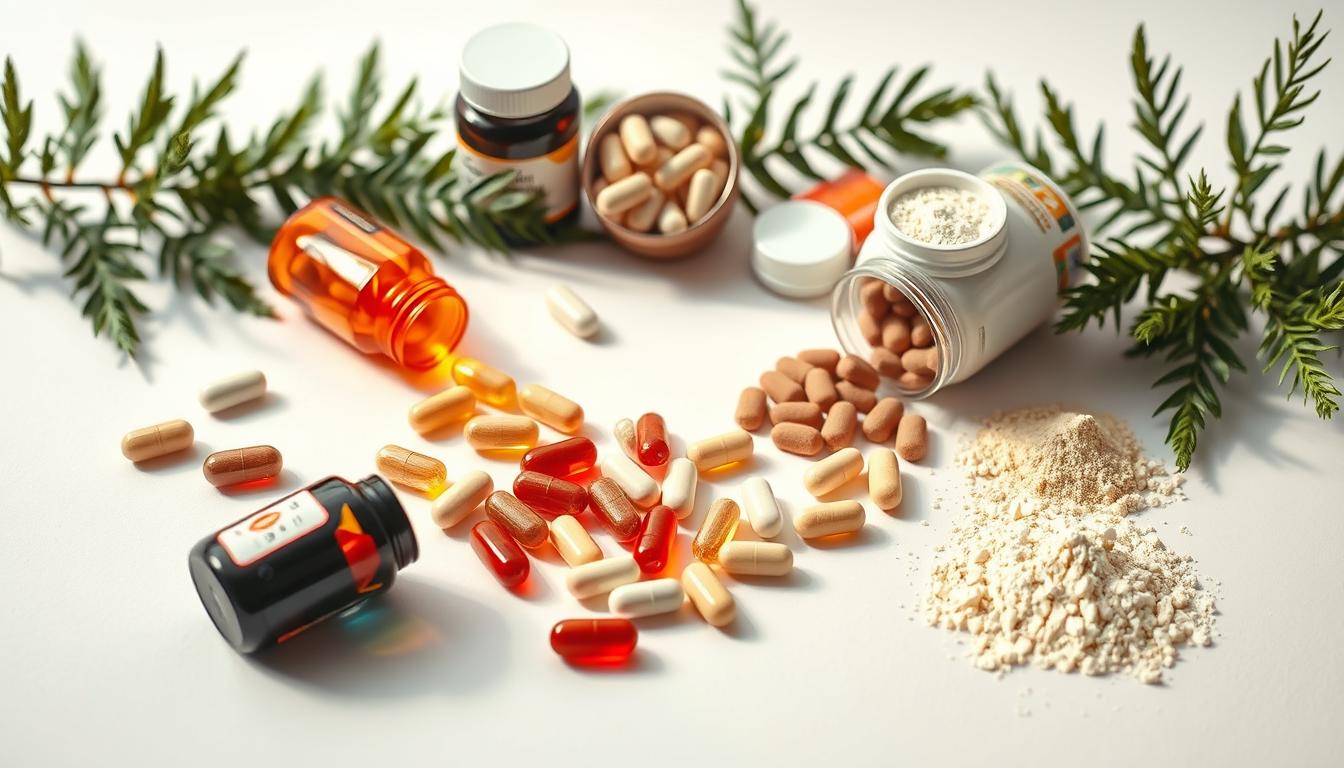High-quality still life composition of various caffeine-free dietary supplements and fat burner products, including capsules, tablets, and powders, arranged on a clean, minimalist white background. Soft, warm lighting from above casts gentle shadows, highlighting the textures and colors of the supplements. The arrangement is visually balanced and aesthetically pleasing, conveying a sense of vibrant, natural health and wellness. The overall mood is clean, modern, and inviting, reflecting the concept of "caffeine-free fat burners". High-quality still life composition of various caffeine-free dietary supplements and fat burner products, including capsules, tablets, and powders, arranged on a clean, minimalist white background. Soft, warm lighting from above casts gentle shadows, highlighting the textures and colors of the supplements. The arrangement is visually balanced and aesthetically pleasing, conveying a sense of vibrant, natural health and wellness. The overall mood is clean, modern, and inviting, reflecting the concept of "caffeine-free fat burners".