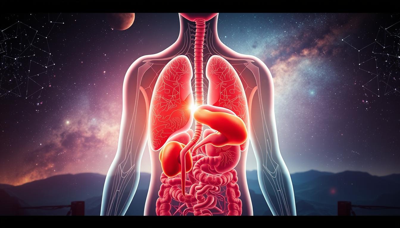 Intricate anatomical illustration of the body's natural detox system, showcasing the key organs involved in cleansing and purification. Prominent in the foreground, the liver, kidneys, and digestive tract stand out in vivid, vibrant hues, their complex structures and interconnected functions meticulously detailed. In the middle ground, the lungs and skin feature prominently, their roles in respiratory and dermal detoxification emphasized. The background subtly fades into a cosmic, ethereal landscape, representing the holistic, interconnected nature of the body's detox mechanisms. Dramatic lighting and a cinematic lens angle lend an epic, almost spiritual quality to the scene, highlighting the beauty and wonder of the human body's remarkable self-cleansing capabilities. Intricate anatomical illustration of the body's natural detox system, showcasing the key organs involved in cleansing and purification. Prominent in the foreground, the liver, kidneys, and digestive tract stand out in vivid, vibrant hues, their complex structures and interconnected functions meticulously detailed. In the middle ground, the lungs and skin feature prominently, their roles in respiratory and dermal detoxification emphasized. The background subtly fades into a cosmic, ethereal landscape, representing the holistic, interconnected nature of the body's detox mechanisms. Dramatic lighting and a cinematic lens angle lend an epic, almost spiritual quality to the scene, highlighting the beauty and wonder of the human body's remarkable self-cleansing capabilities.