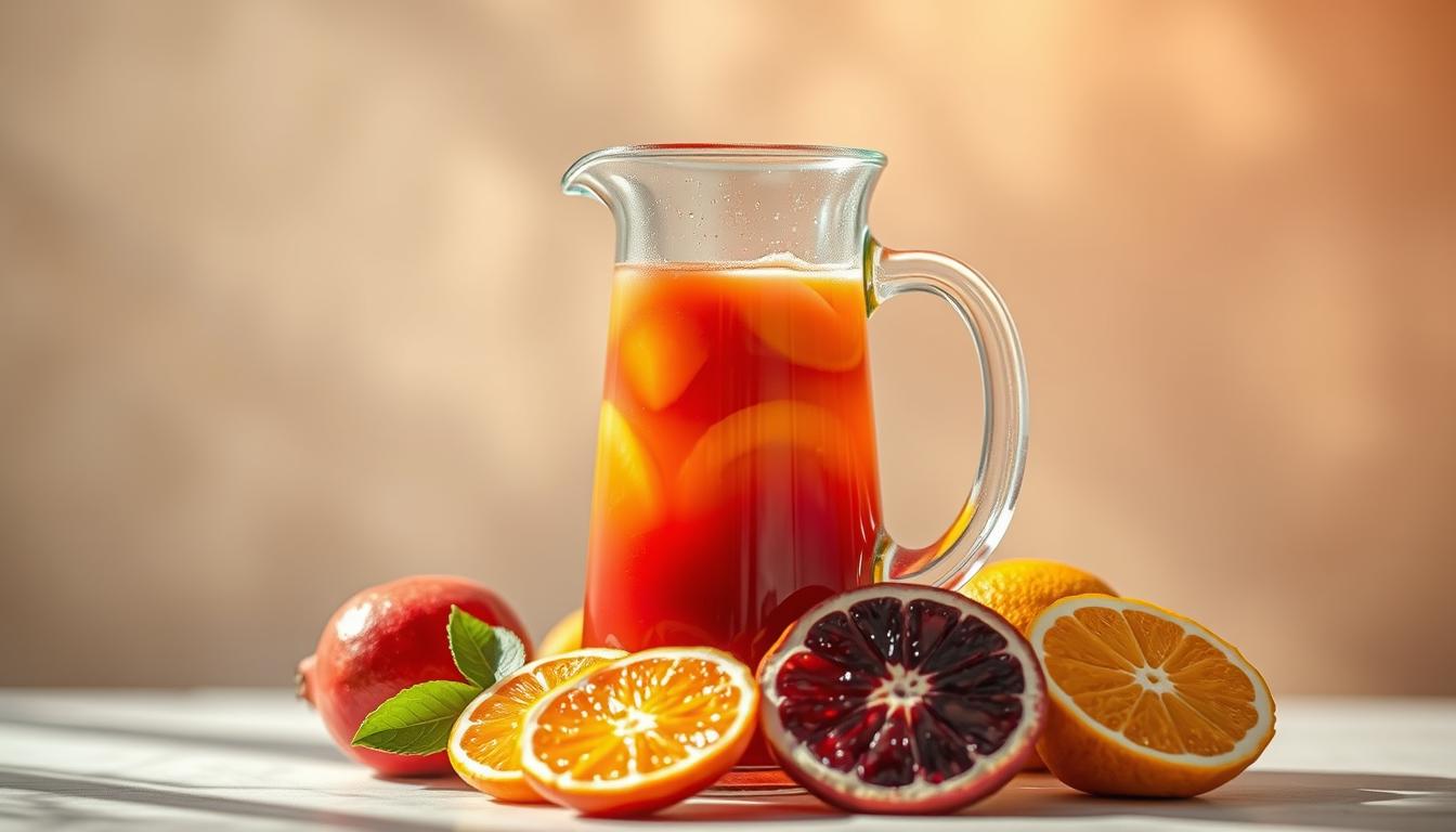 Lush and sun-kissed fruit juices flow gracefully against a soft, blurred background, their colors vibrant and inviting. A glass pitcher filled to the brim with a kaleidoscope of juices, from ruby-red pomegranate to golden orange, sits at the center, casting a warm glow. Freshly sliced citrus fruits, their zest sparkling, surround the pitcher, hinting at the refreshing flavors within. The overall scene is bathed in a warm, natural light, creating a sense of wholesomeness and vitality, capturing the essence of fruit juices' beneficial properties for cellular health.
