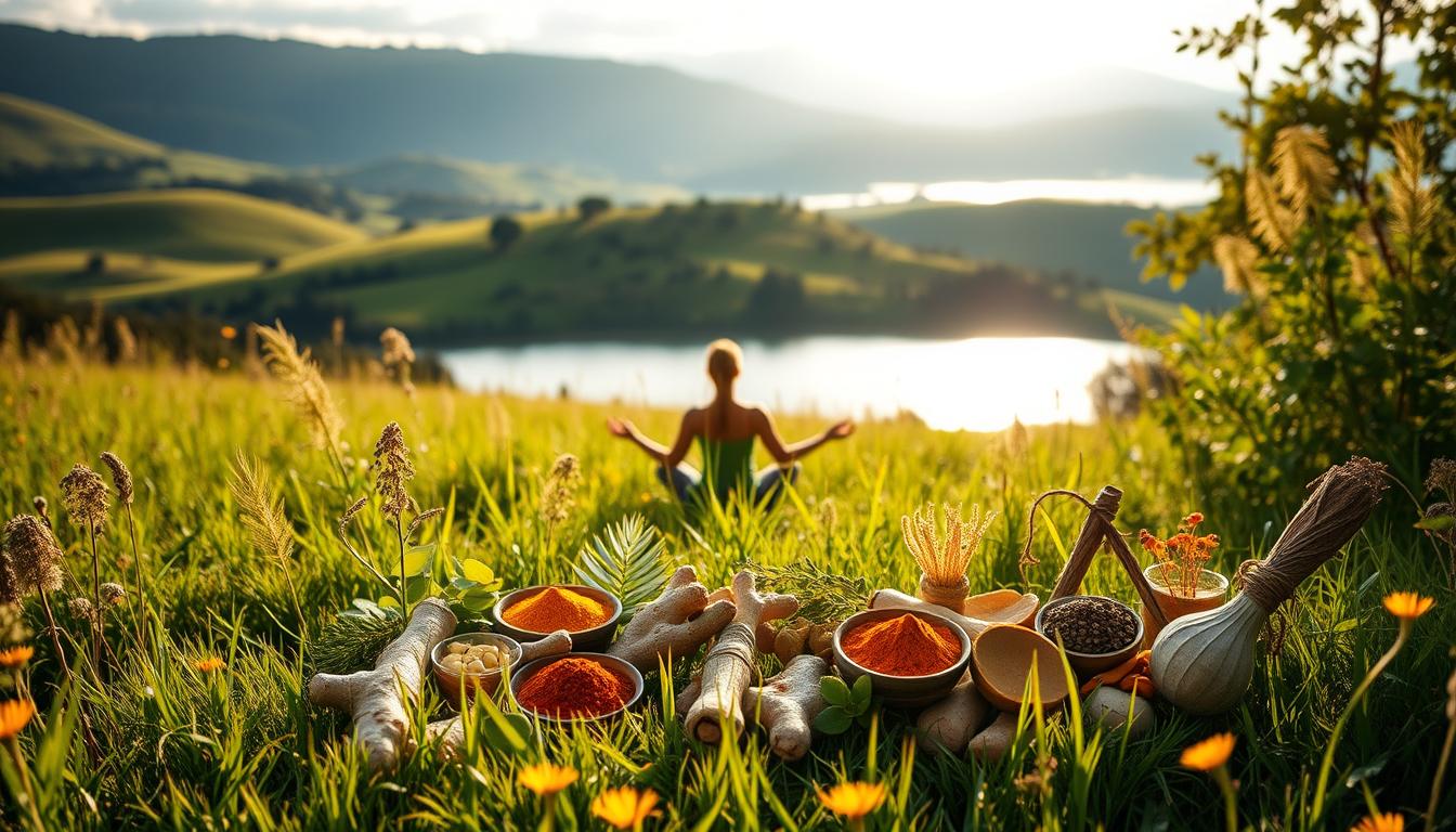 Lush, sun-dappled meadow with a vibrant array of natural remedies - ginger, turmeric, ashwagandha, and adaptogenic herbs - artfully arranged in the foreground. Soft, diffused lighting illuminates the scene, creating a serene, calming atmosphere. In the middle ground, a person sits in a meditative pose, radiating energy and vitality. In the background, rolling hills and a tranquil lake set the stage for a peaceful, restorative landscape. The overall mood is one of natural harmony, inviting the viewer to discover solutions for chronic fatigue and weight gain through the power of plant-based wellness.