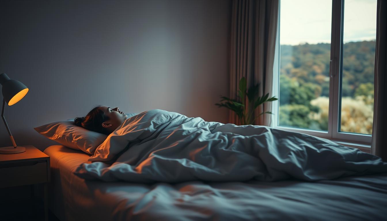 Peaceful bedroom at night, with a sleeping person wrapped in soft, cozy bedding. Diffused, warm lighting casts a gentle glow, creating a serene atmosphere. The bed is positioned in the foreground, with minimalist nightstands and a potted plant in the background. A large window overlooks a tranquil, vibrant landscape, hinting at the importance of rest and recovery. The overall scene conveys a sense of rejuvenation and restoration, perfect for illustrating the benefits of sleep in post-workout recovery. Peaceful bedroom at night, with a sleeping person wrapped in soft, cozy bedding. Diffused, warm lighting casts a gentle glow, creating a serene atmosphere. The bed is positioned in the foreground, with minimalist nightstands and a potted plant in the background. A large window overlooks a tranquil, vibrant landscape, hinting at the importance of rest and recovery. The overall scene conveys a sense of rejuvenation and restoration, perfect for illustrating the benefits of sleep in post-workout recovery.