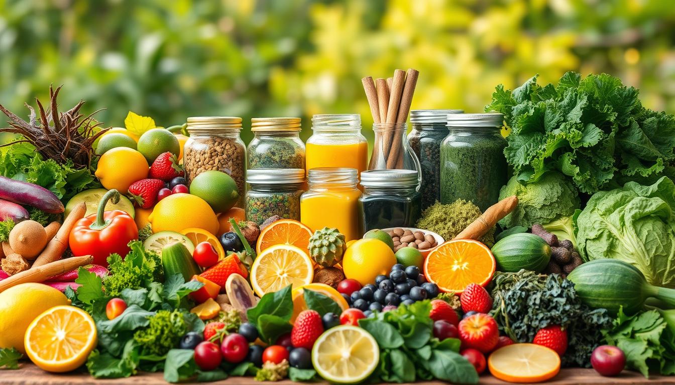 Vibrant and colorful tableau of an assortment of nutritious foods known for their detoxifying properties. In the foreground, an array of leafy greens, crunchy vegetables, and vibrant fruits like lemons, limes, and berries arranged artfully. In the middle ground, jars of herbal supplements and superfoods like spirulina and turmeric. In the background, a natural setting with lush greenery and warm, diffused lighting, conveying a sense of purity and wellness. The overall atmosphere is epic and inspiring, capturing the essence of nourishing the body and mind through wholesome, detoxifying ingredients. Vibrant and colorful tableau of an assortment of nutritious foods known for their detoxifying properties. In the foreground, an array of leafy greens, crunchy vegetables, and vibrant fruits like lemons, limes, and berries arranged artfully. In the middle ground, jars of herbal supplements and superfoods like spirulina and turmeric. In the background, a natural setting with lush greenery and warm, diffused lighting, conveying a sense of purity and wellness. The overall atmosphere is epic and inspiring, capturing the essence of nourishing the body and mind through wholesome, detoxifying ingredients.