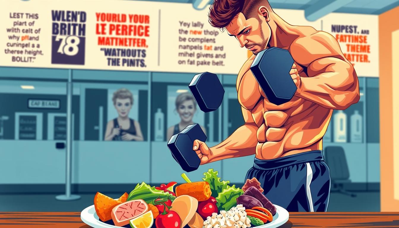 Vibrant and detailed illustration of effective fat loss tips. In the foreground, a muscular, fit person performing a high-intensity workout with dumbbells, showcasing proper form and technique. In the middle ground, a plate of healthy, whole foods including lean protein, vegetables, and complex carbohydrates. In the background, a clean, modern gym setting with motivational quotes and inspirational imagery. The lighting is warm and flattering, highlighting the subject's physique and the nutritious meal. The overall scene conveys a sense of determination, discipline, and a balanced approach to sustainable weight loss and fitness.
