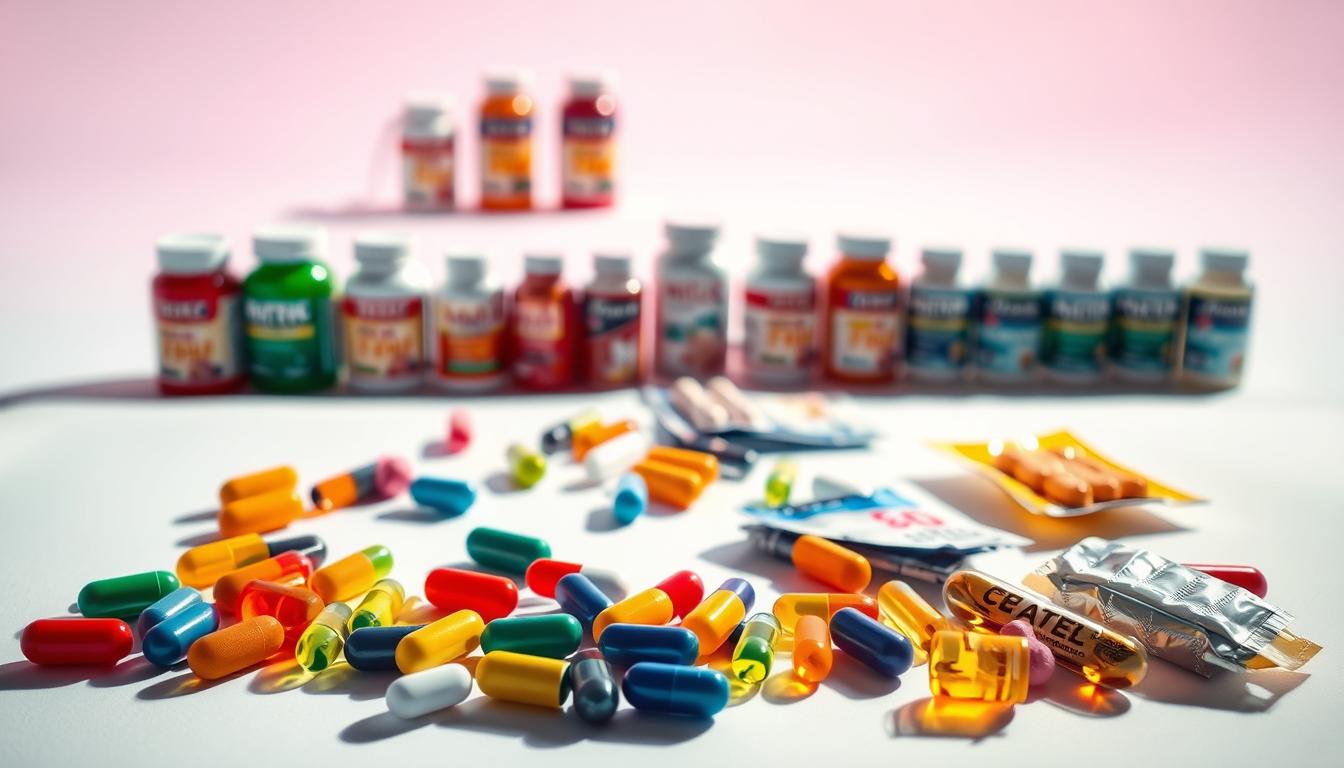 Vibrant and high-contrast image of various weight loss supplements and fat burners. In the foreground, a collection of colorful pills, capsules, and powder packets neatly arranged against a plain white background, casting long shadows. In the middle ground, a blurred array of similar supplements in different shapes and sizes, hinting at the variety of options available. The background is a soft, gradient-based color scheme that complements the vibrant foreground elements, creating a clean, clinical, and visually appealing composition. The lighting is directional, casting dramatic shadows and highlights to accentuate the textures and shapes of the products. The camera angle is slightly elevated, providing an authoritative and professional perspective on the subject matter.