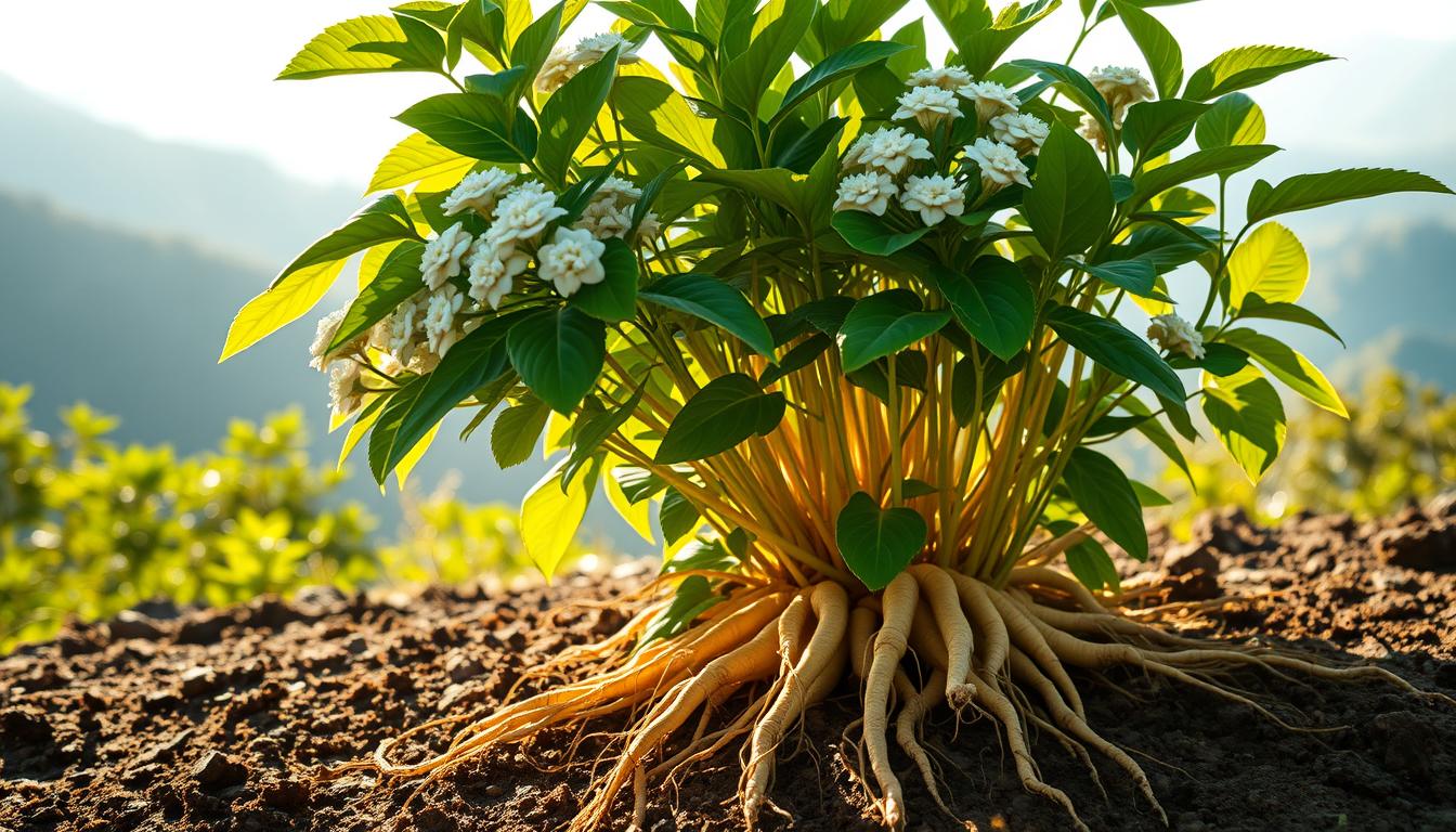 Vibrant and lush panax ginseng plant with glossy green leaves and clusters of delicate white flowers. The roots, the source of the adaptogenic compounds, emerge from the soil in the foreground, casting long shadows. Warm sunlight filters through the foliage, creating a natural, earthy atmosphere. In the background, a mountainous landscape with a soft, hazy blue horizon suggests the plant's native habitat. The overall composition conveys the energy-boosting and fatigue-reducing properties of this revered herbal remedy.