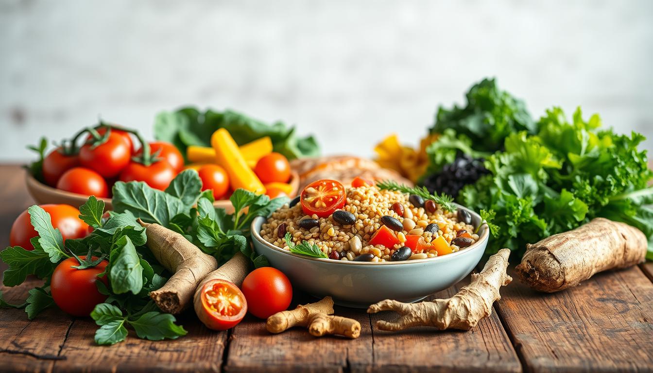 Vibrant and nourishing immune-supportive meals are arranged on a rustic wooden table. In the foreground, a variety of fresh fruits and vegetables, including bright red tomatoes, leafy greens, and golden turmeric root, are carefully displayed. In the middle ground, a hearty bowl of whole grains, legumes, and lean protein, such as salmon or grilled chicken, takes center stage. The background features a minimalist, natural setting with soft, diffused lighting, creating a calming and inviting atmosphere that encourages mindful eating and nourishment.