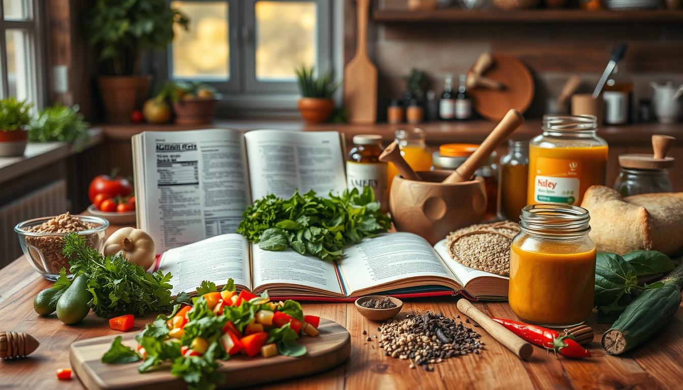 Vibrant and richly textured image of a wooden table scattered with various healthy superfoods, herbs, and spices. In the foreground, a cutting board with freshly chopped vegetables, whole grain bread, and a glass jar filled with a nutrient-dense smoothie. In the middle ground, an open book displaying dietary guidelines and nutrition facts, surrounded by a mortar and pestle, a jar of honey, and a variety of whole food supplements. The background features a softly blurred kitchen window, letting in warm natural light and casting a serene glow across the scene. The overall composition conveys a sense of expertise, abundance, and a commitment to holistic wellness.