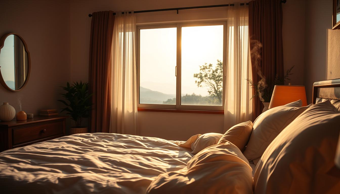 Vibrant and serene bedroom scene, softly lit with warm, cozy lighting. In the foreground, a comfortable bed with plush bedding and pillows, inviting the viewer to rest. On the nightstand, a soothing oil diffuser emits gentle wisps of fragrance. In the middle ground, a large window overlooks a tranquil, natural landscape, the soft sunlight filtering through sheer curtains. The overall atmosphere is calming and conducive to high-quality sleep, promoting energy and rejuvenation.