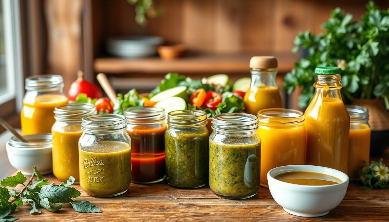 Vibrant arrangement of low-carb sauces and dressings on a wooden table, bathed in soft, natural lighting. In the foreground, a variety of freshly prepared sauces and vinaigrettes in glass jars and ceramic bowls, their colors ranging from deep green to golden yellow. In the middle ground, a selection of leafy greens, sliced vegetables, and garnishes, hinting at the versatility of these flavorful condiments. The background features a warm, rustic setting, with wooden accents and a hint of greenery, creating a cozy, inviting atmosphere that complements the wholesome, nutritious ingredients.